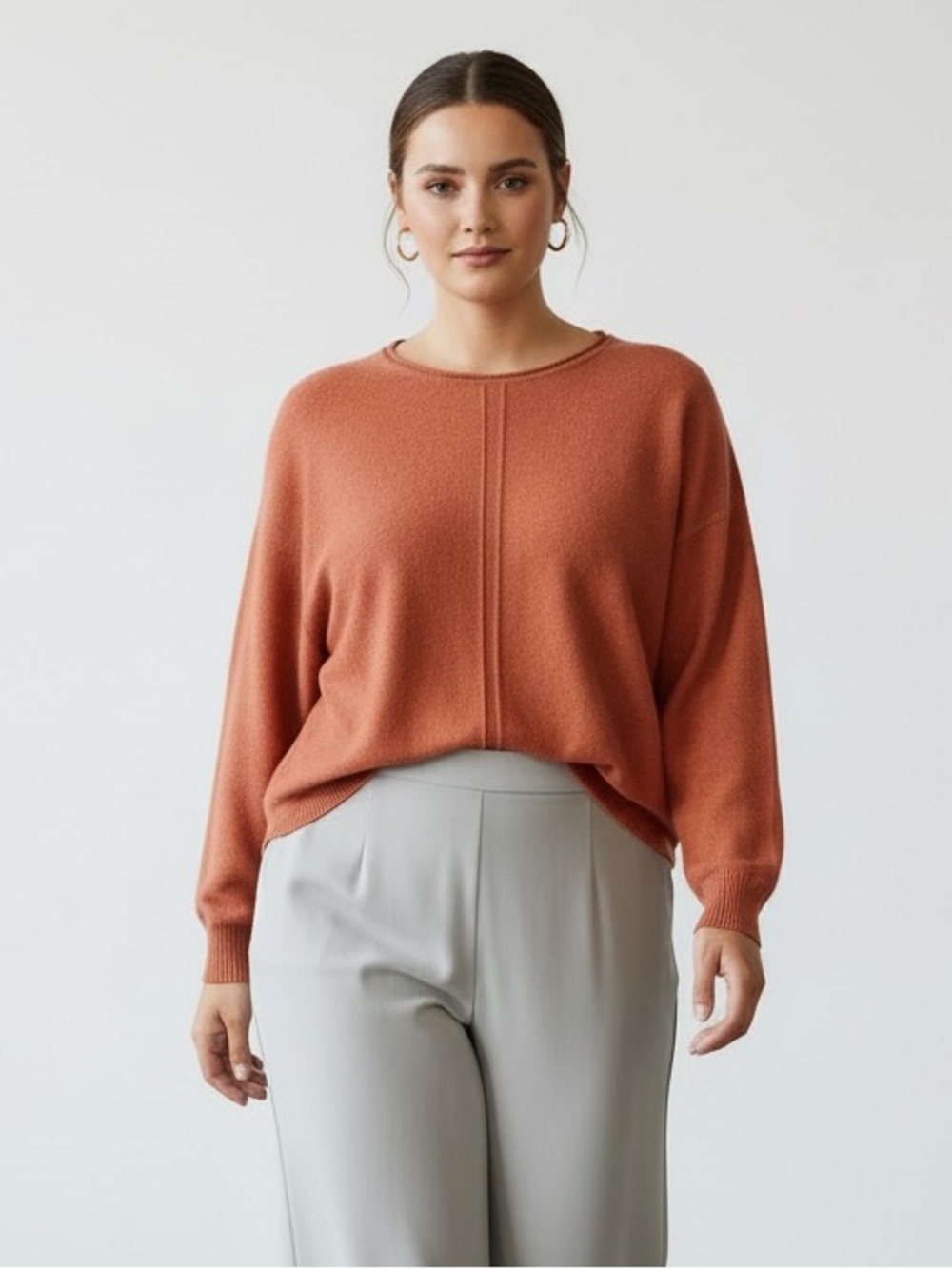 1628 • Plus Persimmon Viscose Blend Ultra Soft Varied Hem Dolman Sweater
